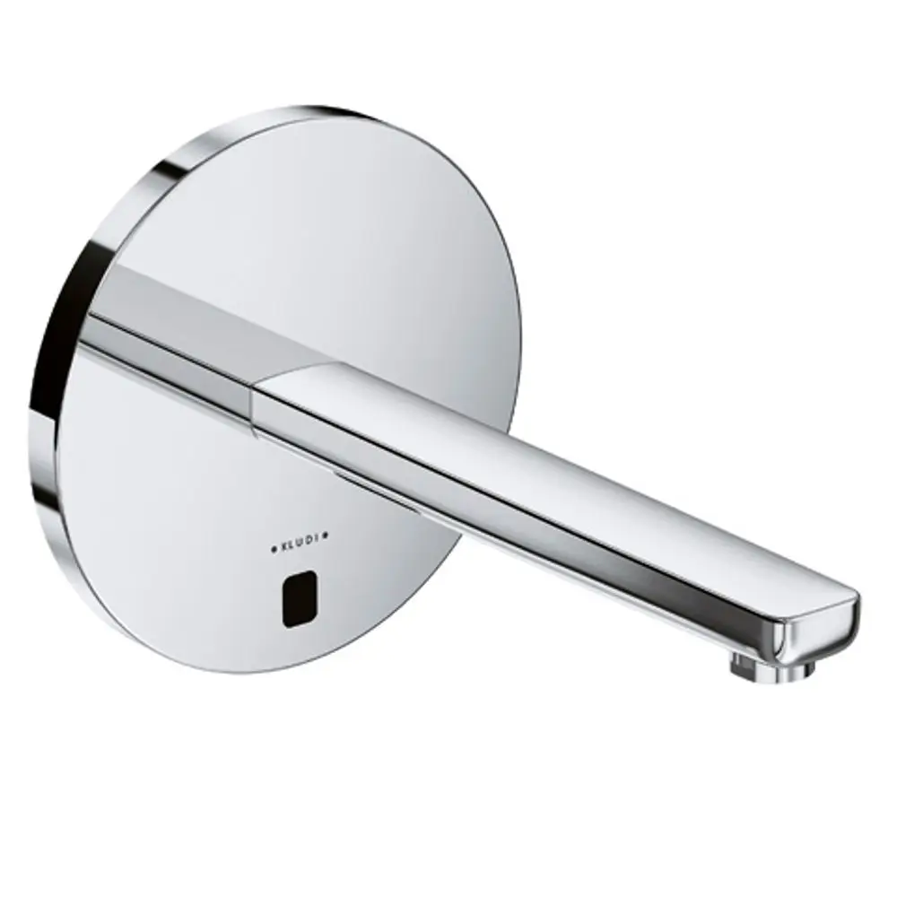 Wandarmatur von Kludi mit runder Aufhängung und gerader Auslaufdüse in glänzendem Chromfinish, ohne Mischhebel.